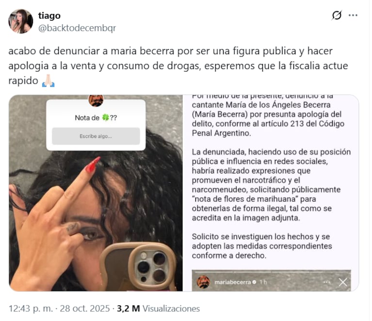 Denunciaron a María Becerra (Foto: captura de X).