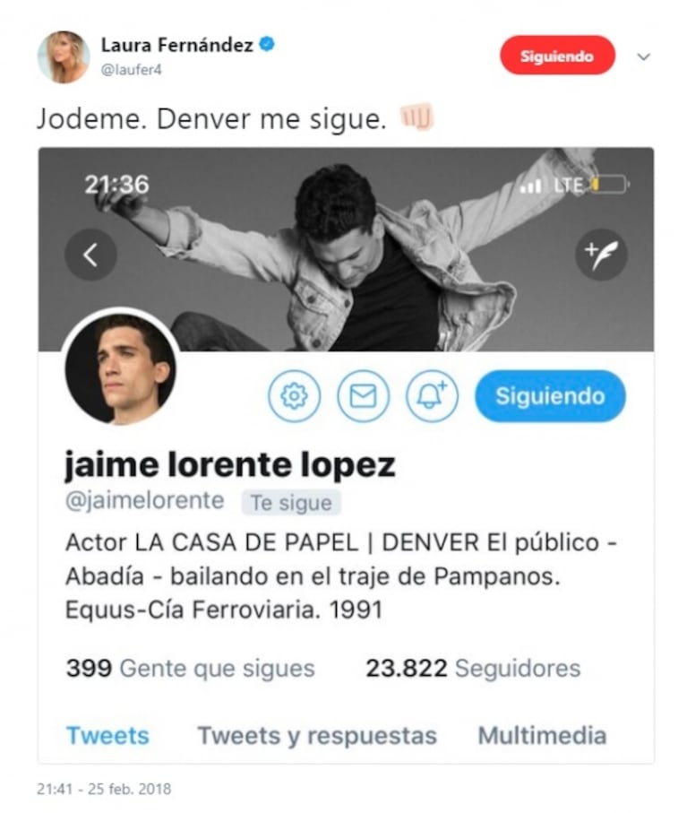 Denver, uno de los protagonistas de La Casa de Papel, empezó a seguir a Laurita Fernández en Twitter