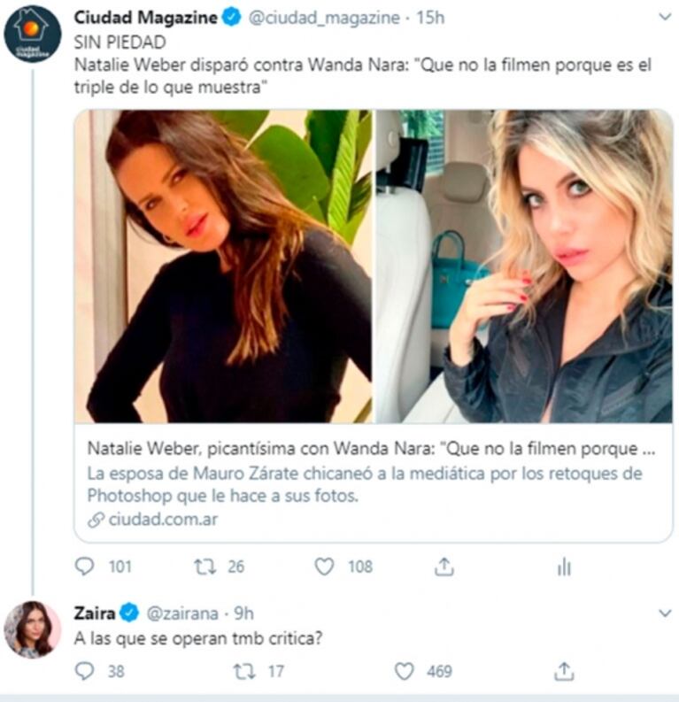 Desafiante tweet de Zaira Nara para Natalie Weber tras sus críticas a Wanda: "¿A las que se operan también critica?"