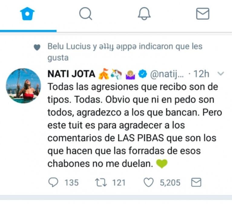Descargo de Nati Jota tras las agresiones machistas por achicarse las lolas: "Este tweet para las pibas que..."