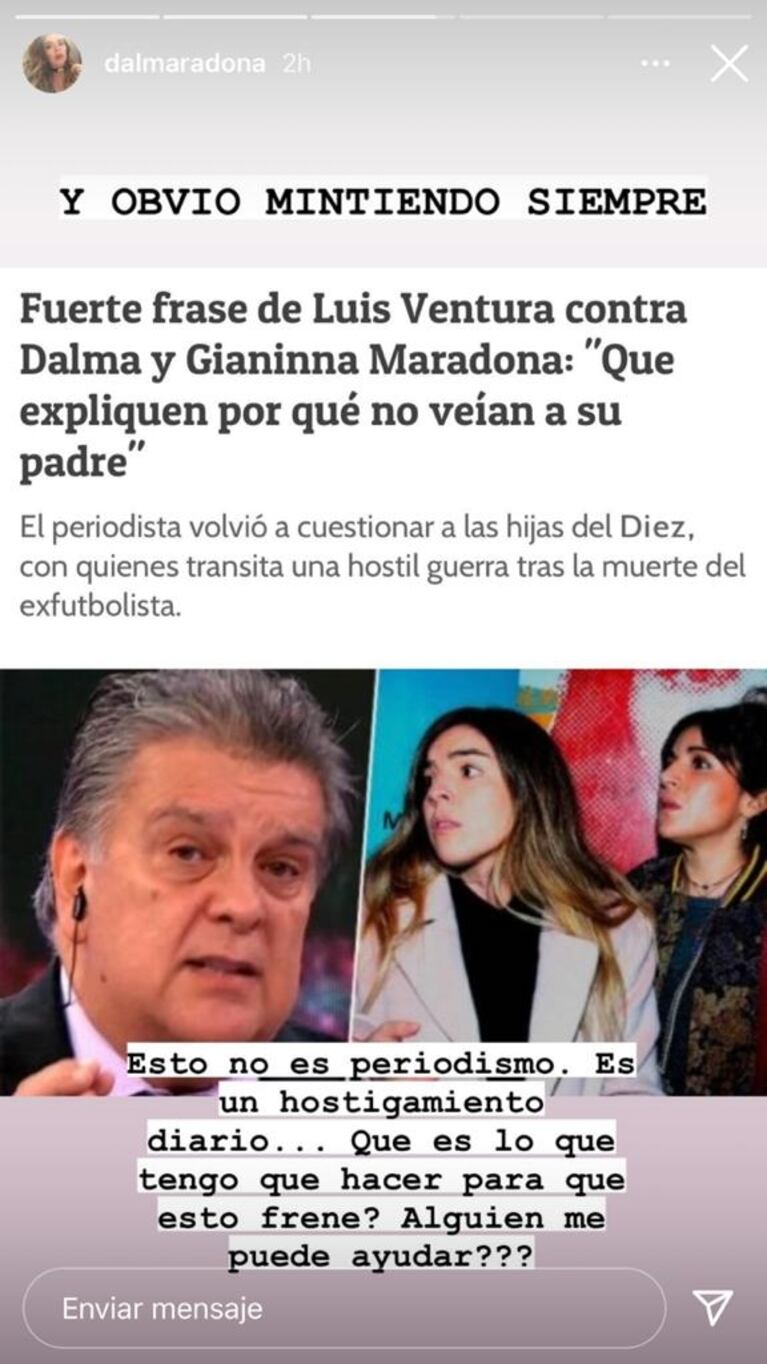 Desesperado pedido de Dalma Maradona por las tremendas acusaciones de Luis Ventura: "¿Alguien puede ayudarme?" 