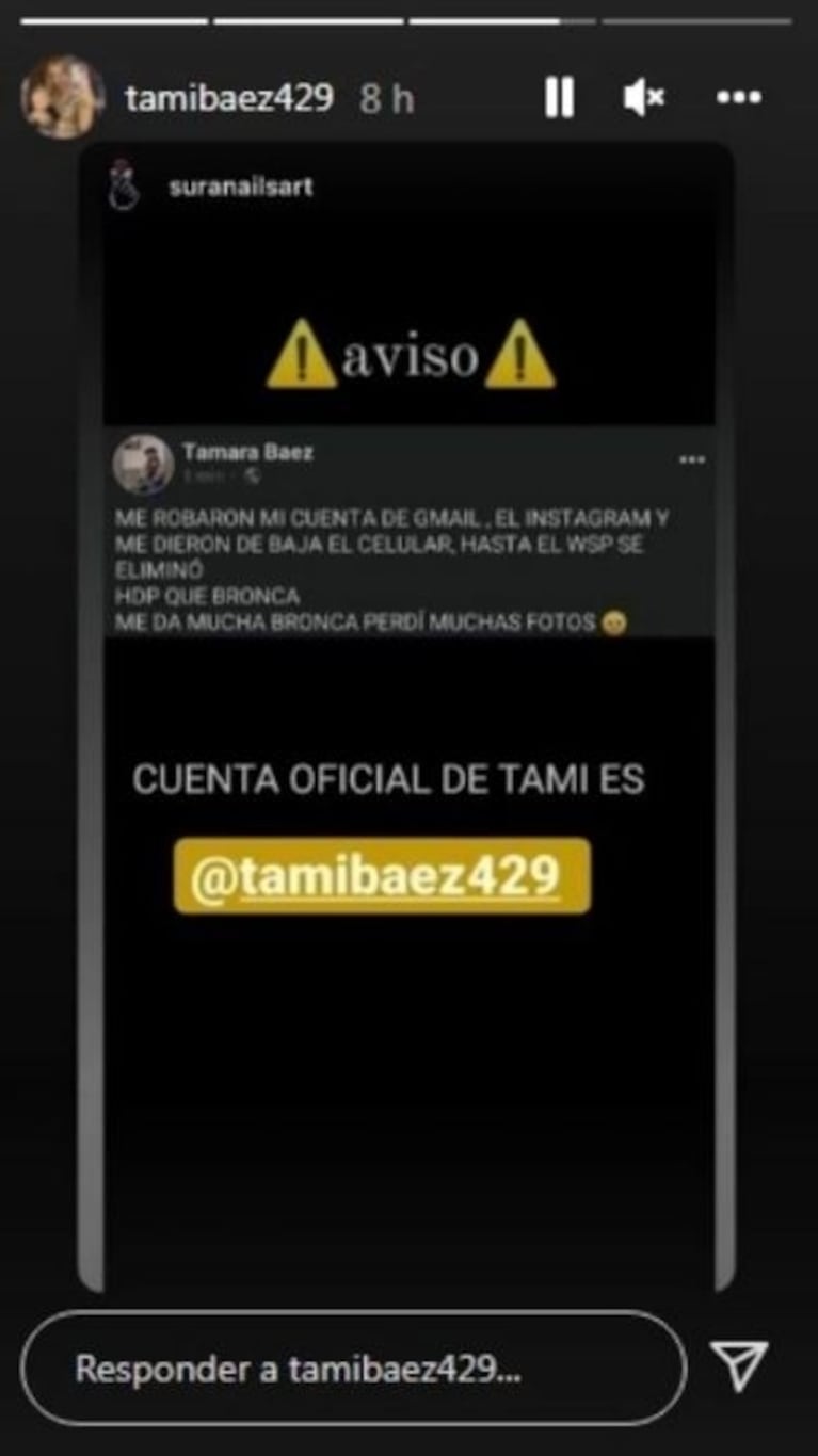 Desesperado pedido de Tamara Báez, la novia de L-Gante: "Necesito ayuda, quiero recuperar mi cuenta de Instagram"