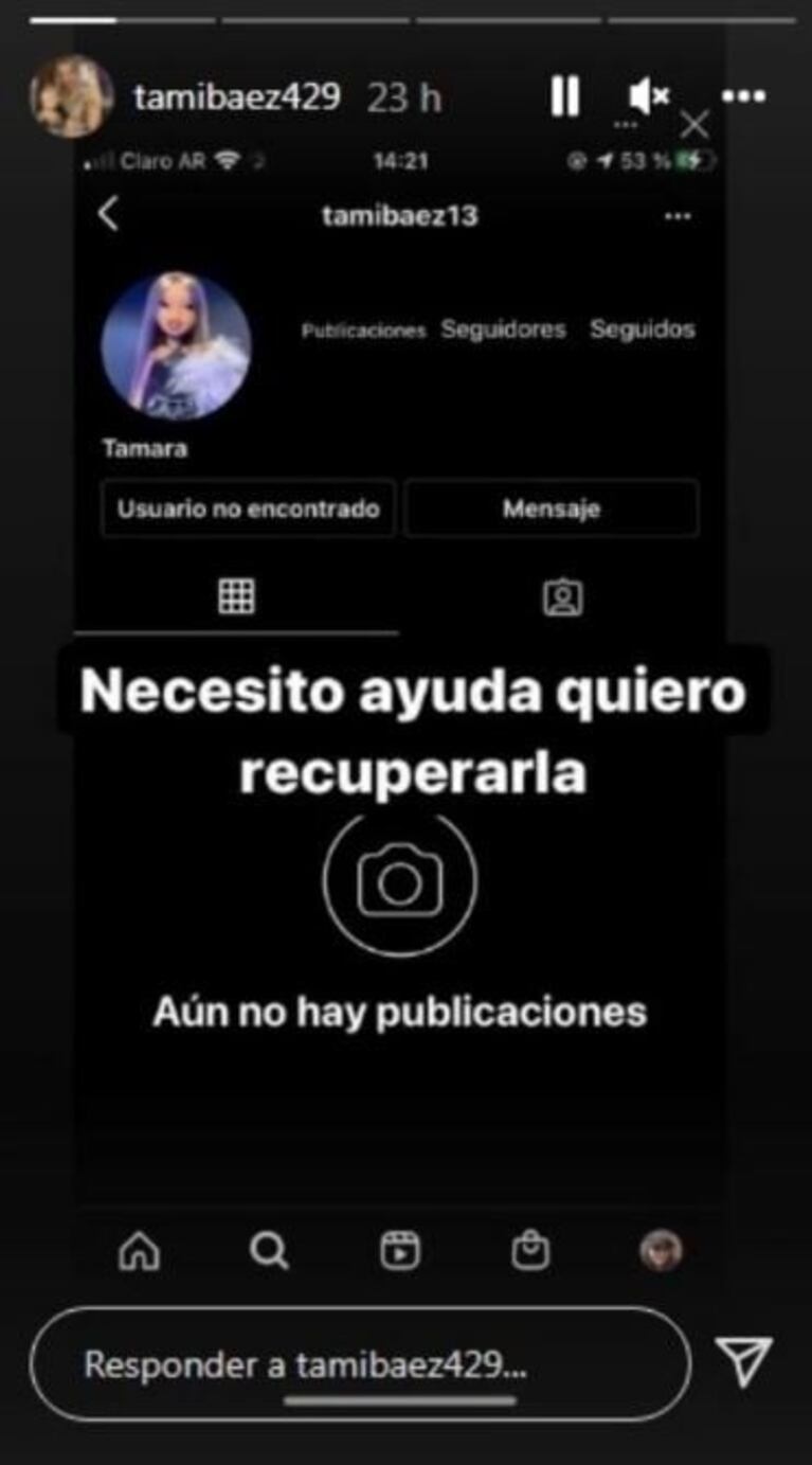 Desesperado pedido de Tamara Báez, la novia de L-Gante: "Necesito ayuda, quiero recuperar mi cuenta de Instagram"
