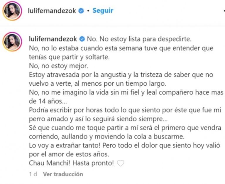 Desgarrador posteo de Luli Fernández por la muerte de su perro