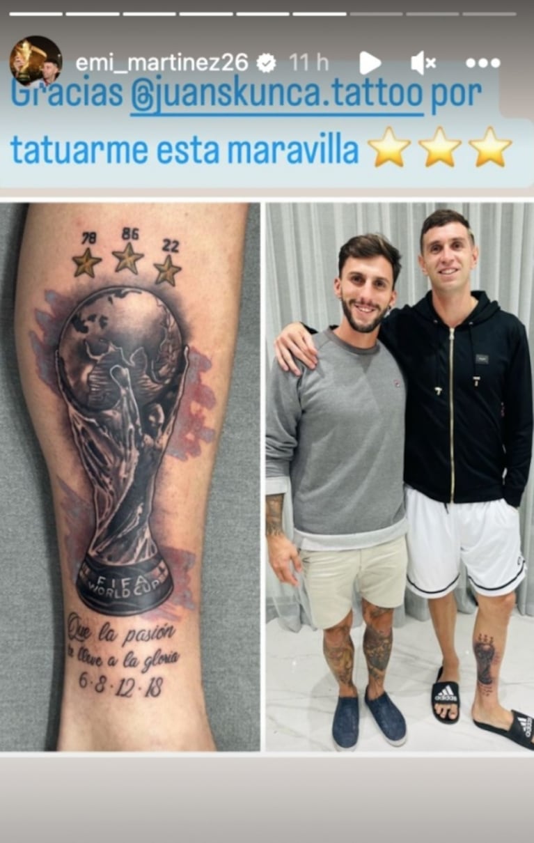 Dibu Martínez, feliz con el tatuaje con el que celebró la Copa Mundial