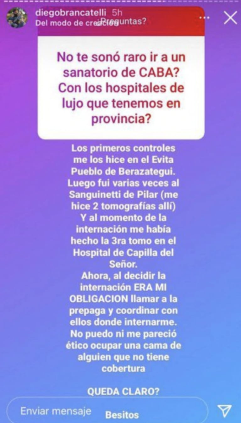 Diego Brancatelli explicó por qué decidió internarse en una clínica privada al contagiarse de covid: "No quería sacarle la cama a alguien"