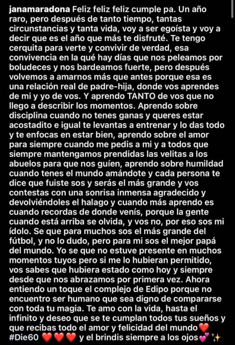 Diego Junior y Jana recordaron a Maradona en el día que cumpliría 61 años: “Ayudame a aceptar que la vida ha sido tan injusta con nosotros”