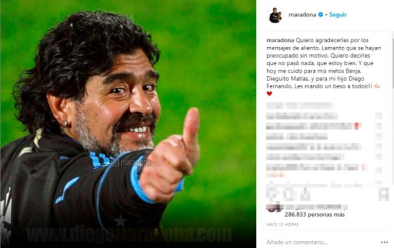 Diego Maradona, tras los rumores sobre su salud: "Hoy me cuido para mis nietos y para mi hijo Diego Fernando"