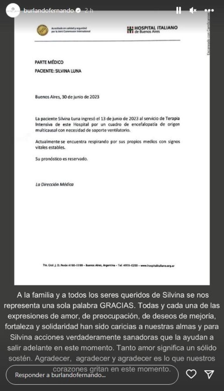 Difundieron el primer parte médico oficial sobre la salud de Silvina Luna: "Con signos vitales estables"
