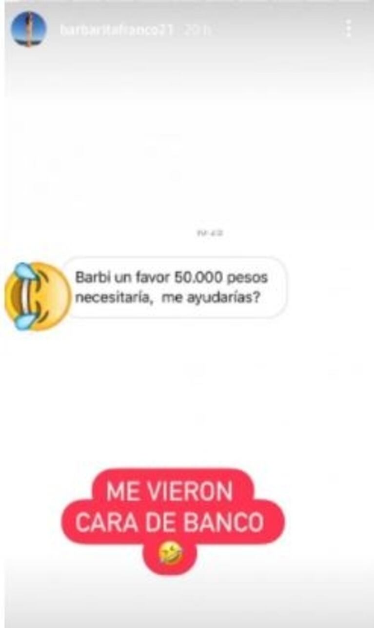 Divertida reacción de Barby Franco cuando le pidieron 50 mil pesos: "Burlando tiene, yo no tengo un mango"
