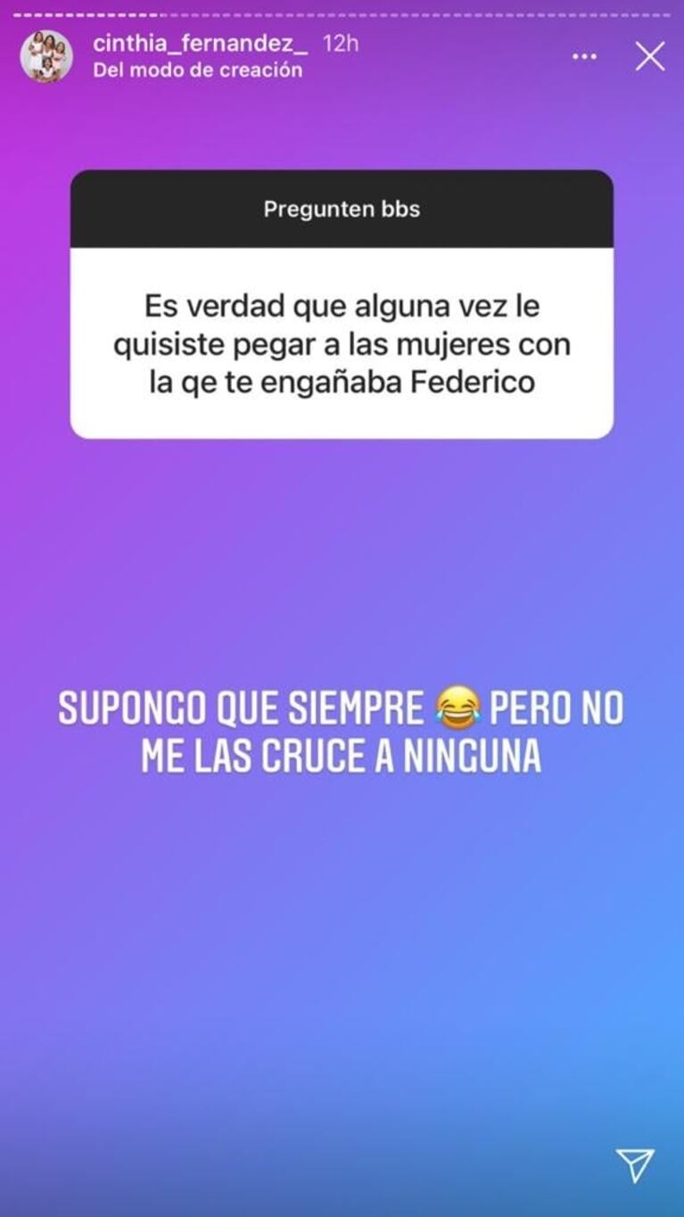 Divertida reacción de Cinthia Fernández cuando le preguntaron si quiso pegarles a las amantes de Matías Defederico