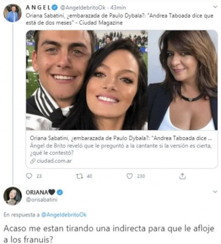 Divertida reacción de Oriana Sabatini tras la versión de embarazo: "¿Es una indirecta para que afloje con el helado?"