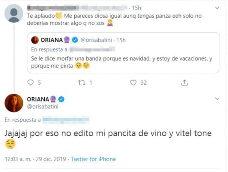 Divertida respuesta de Oriana Sabatini a una seguidora que sospechó un embarazo: "Se le dice morfar una banda"