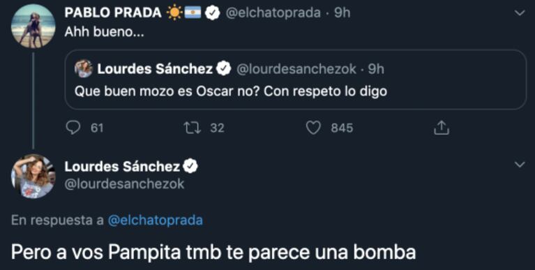 Divertido cruce de Lourdes Sánchez con el Chato Prada, luego de que ella "piropeara" a Oscar Mediavilla: "Pero a vos Pampita te parece una bomba"