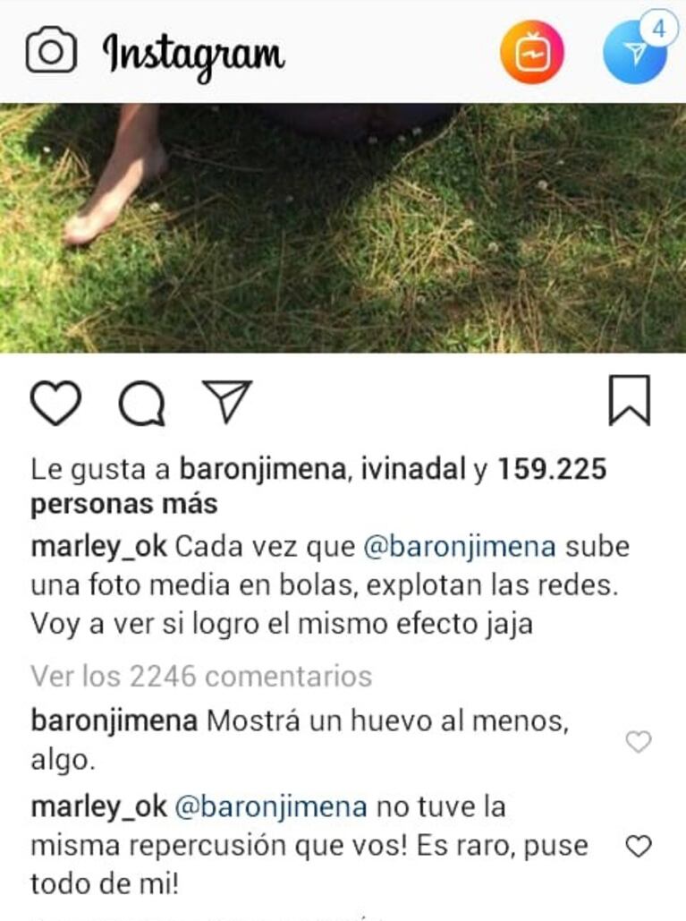 Divertido ida y vuelta de Marley con Jimena Barón: "Ella sube una foto media en bolas y explotan las redes, voy a ver si logro lo mismo"