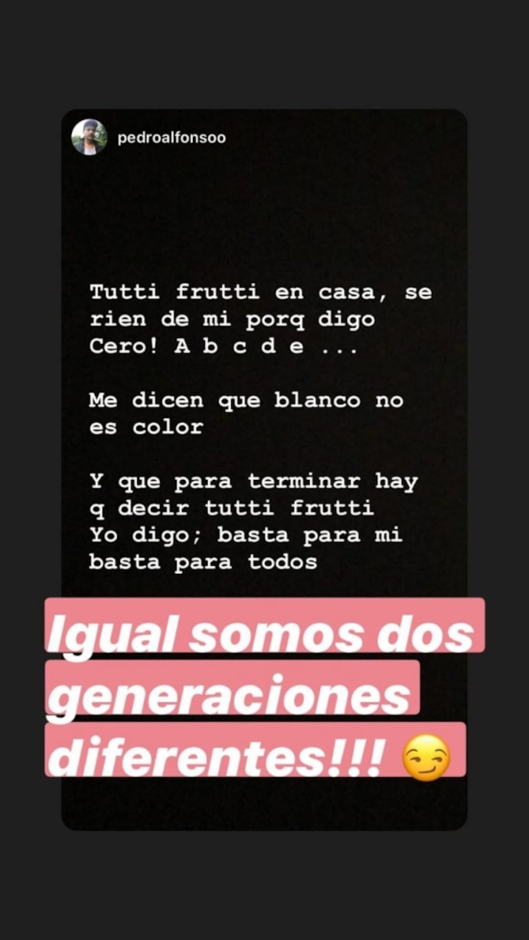Divertido ida y vuelta de Paula Chaves y Pedro Alfonso jugando al tutti frutti: "Somos dos generaciones diferentes"