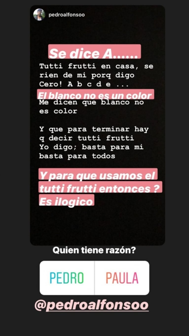 Divertido ida y vuelta de Paula Chaves y Pedro Alfonso jugando al tutti frutti: "Somos dos generaciones diferentes"