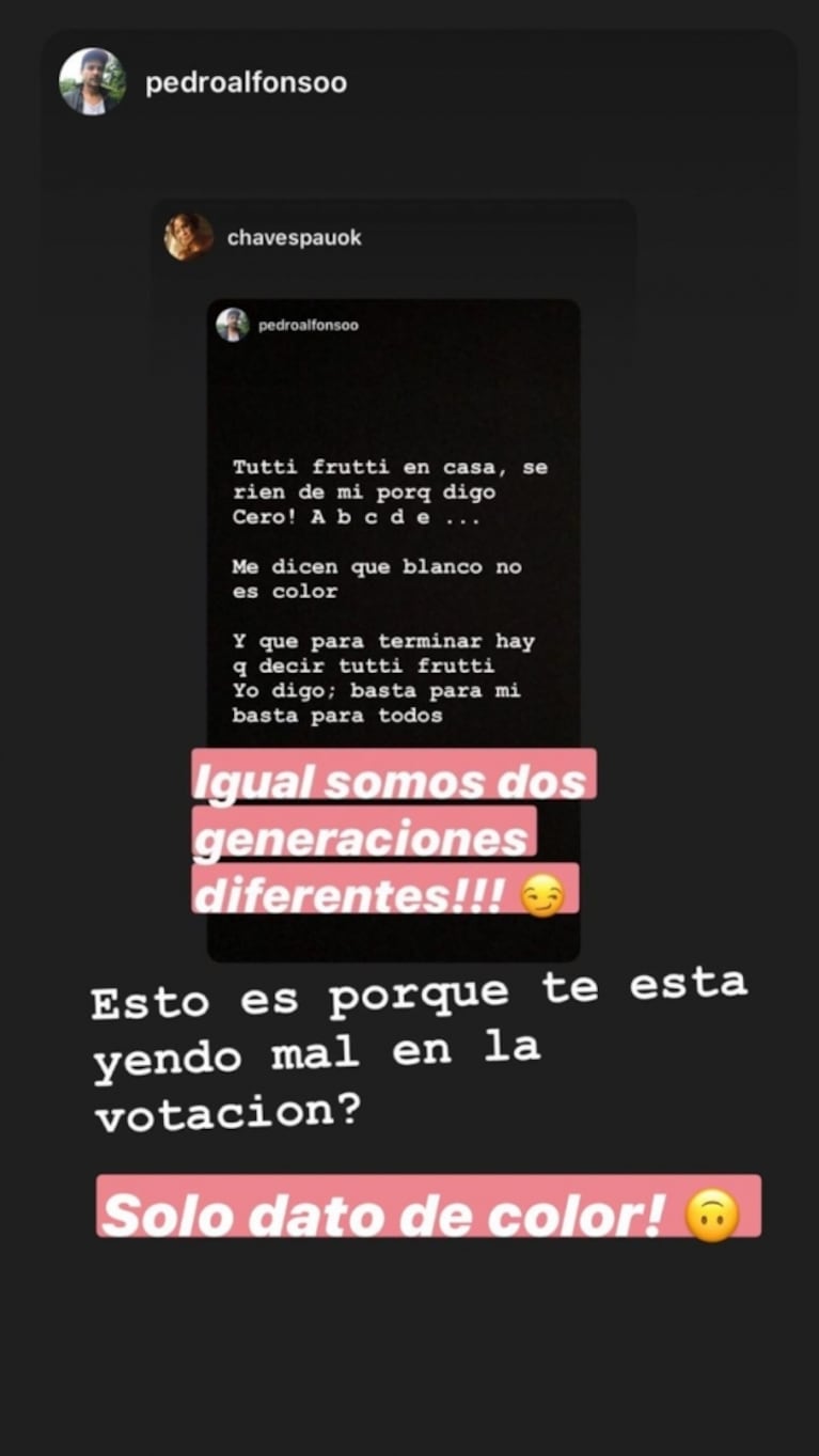 Divertido ida y vuelta de Paula Chaves y Pedro Alfonso jugando al tutti frutti: "Somos dos generaciones diferentes"