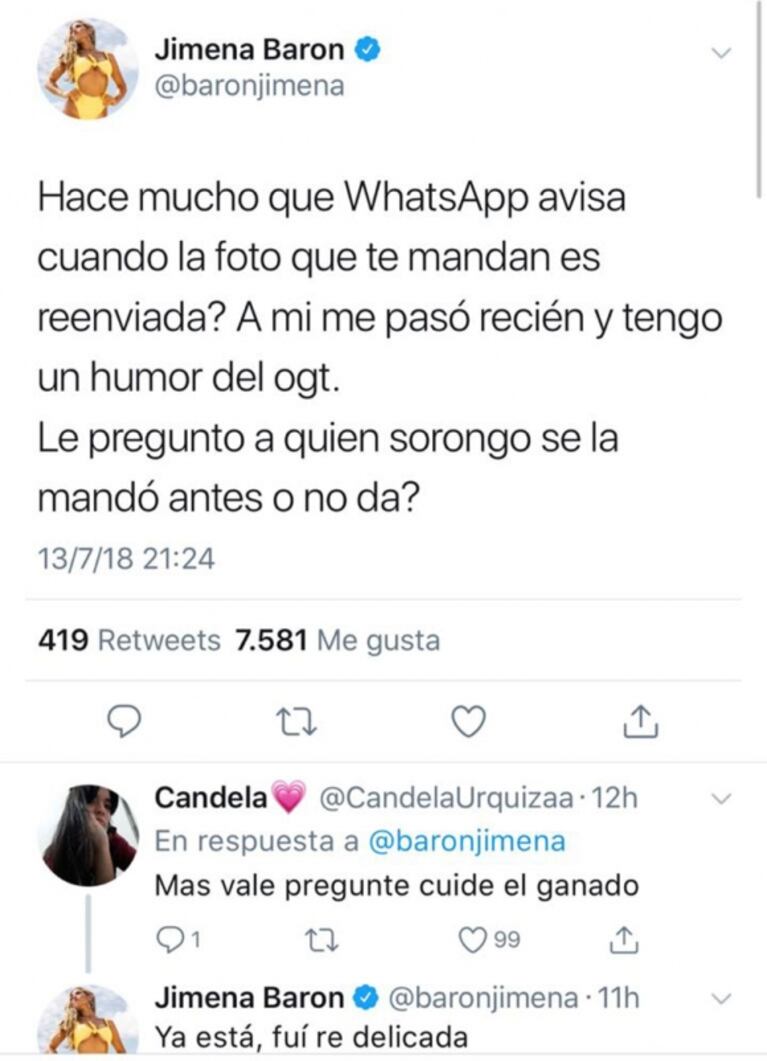 Divertido reclamo de Jimena Barón a uno de sus "candidatos": ¡le mandó la misma foto que a otra chica!