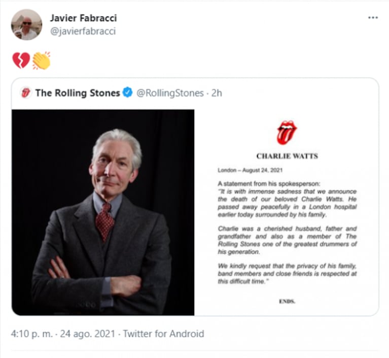 Dolor por la muerte de Charlie Watts: los mensajes de los famosos despidiendo al baterista de los Rolling Stones