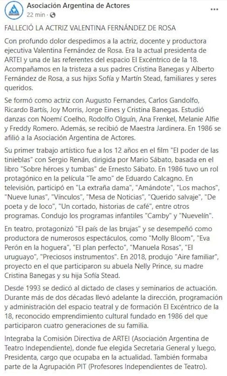Dolor por la muerte de la actriz Valentina Fernández de Rosa, hija de Cristina Banegas y Alberto Fernández de Rosa