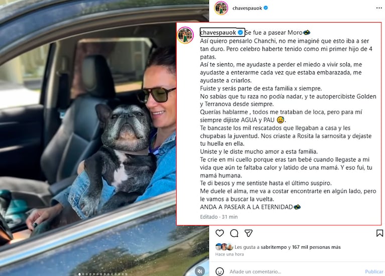 Dolor total: la desgarradora despedida de Paula Chaves a Moro, su perro de 16 años