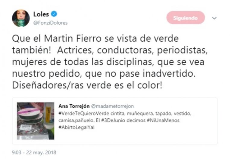 Dolores Fonzi les pidió a sus colegas ir de verde a los Martín Fierro en apoyo a la legislación del aborto