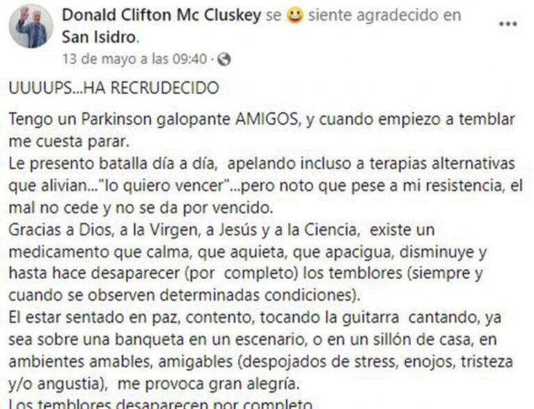 Donald contó que padece Parkinson en una conmovedora carta: "Le presento batalla día a día"