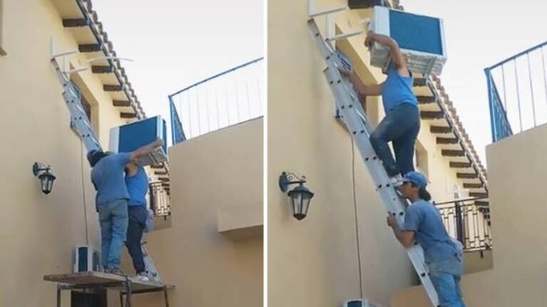 Dos hombres intentas instalar un aire acondicionado y el tremendo final es furor en TikTok