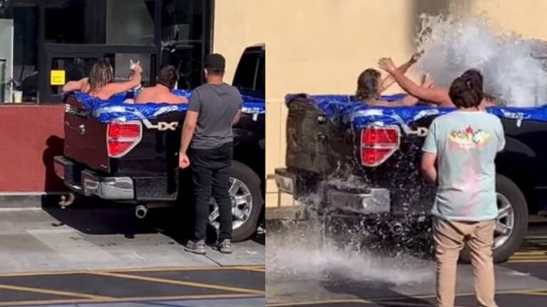 Dos hombres montan una piscina en una camioneta y todo termina mal