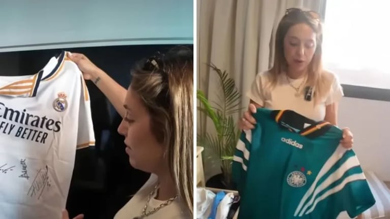 Dos piezas del museo de camisetas de Sofi Martínez: una casaca del Real Madrid con autógrafos y un modelo retro de la selección alemana.
Fuente: Instagram