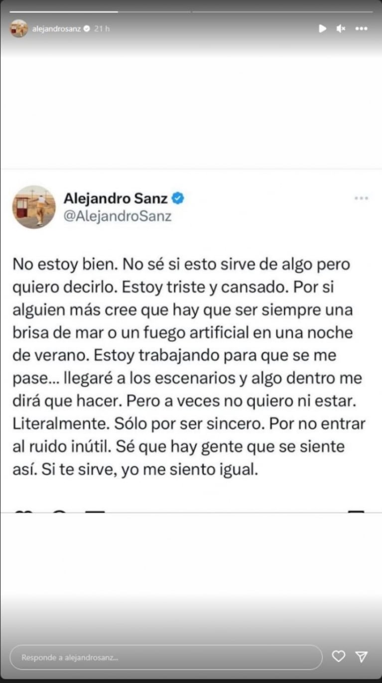 Dramatico posteo de Alejandro Sanz: "Estoy cansado y triste"