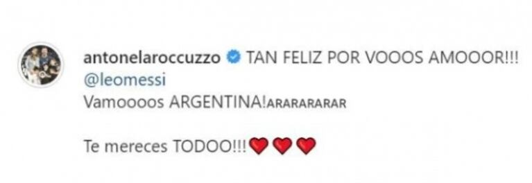 Dulce posteo de Antonela Roccuzzo a Messi tras el triunfo de la Selección: "Tan feliz por vos, amor"