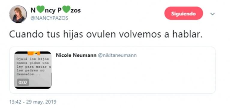 Dura réplica de Nancy Pazos a Nicole Neumann por la legalización del aborto