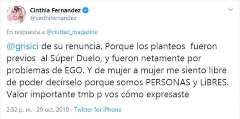 Dura respuesta de Cinthia Fernández a Siciliani tras su renuncia: "Debería hacerse cargo de los verdaderos motivos"