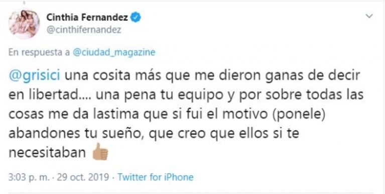 Dura respuesta de Cinthia Fernández a Siciliani tras su renuncia: "Debería hacerse cargo de los verdaderos motivos"