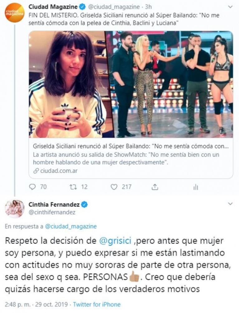 Dura respuesta de Cinthia Fernández a Siciliani tras su renuncia: "Debería hacerse cargo de los verdaderos motivos"