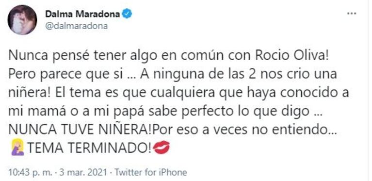 Duro contraataque de Dalma Maradona a Rocío Oliva tras afirmar que no la crio una niñera: "Nunca pensé tener algo en común con ella"