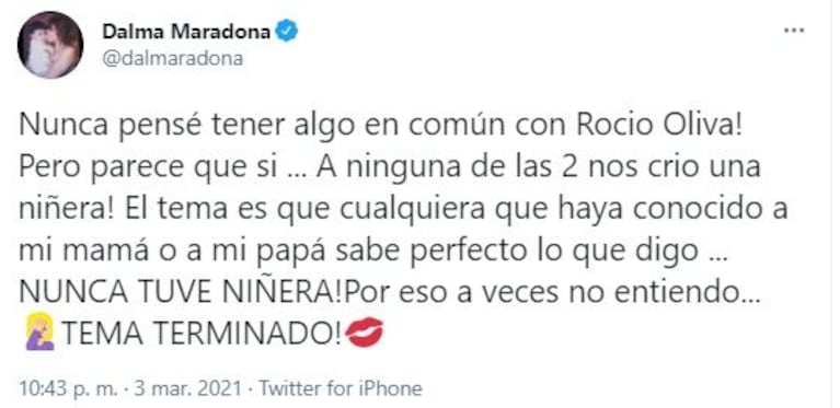 Duro contraataque de Dalma Maradona a Rocío Oliva tras afirmar que no la crio una niñera: "Nunca pensé tener algo en común con ella"