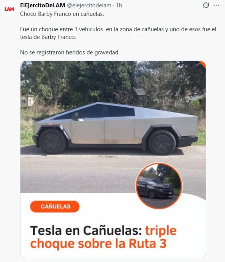 El accidente de Barby Franco. Captura X ElEjercitoDeLam