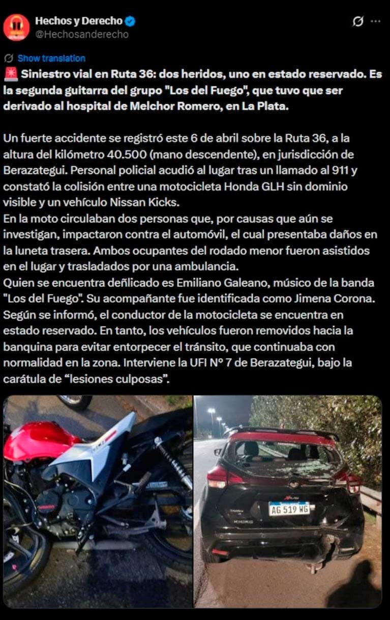 El accidentge de Emiliano Galeano de Los del Fuego (Foto: Facebook "Hechos y Derecho")