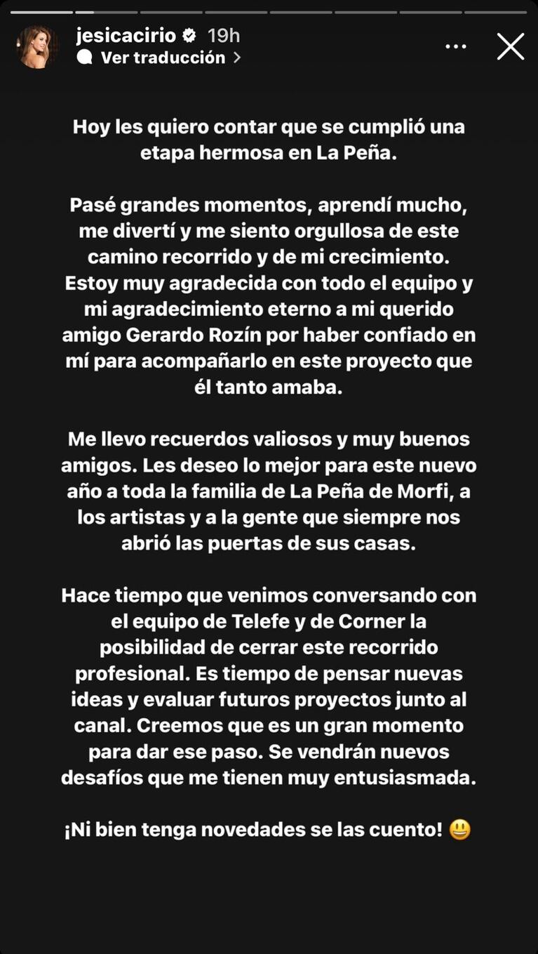 El anuncio de Jésica Cirio en Instagram.