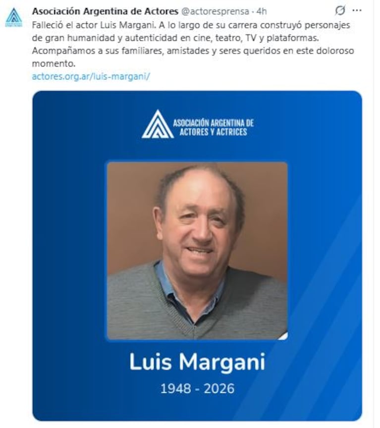 El anuncio de la muerte de Luis Margiani (Foto: X.com / @actoresprensa)
