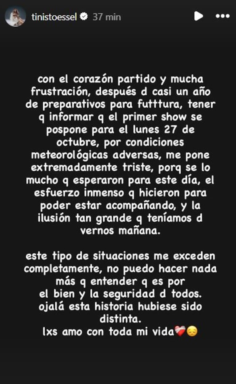 El anuncio de la reprogramación del show de Tini Stoessel. Foto: Captura de Instagram Stories (@tinistoessel)
