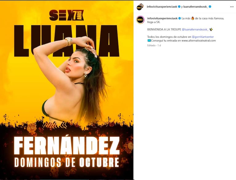 El anuncio de Luana Fernández en Sex (Foto: Instagram @luanafernandezok_)