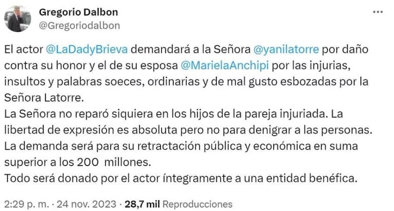 El anuncio del abogado de Dady Brieva contra Yanina Latorre.