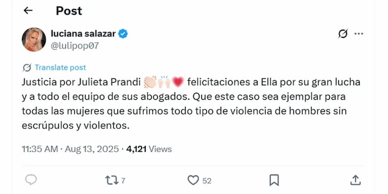 El apoyo de Luciana Salazar a Julieta Prandi. Crédito: X