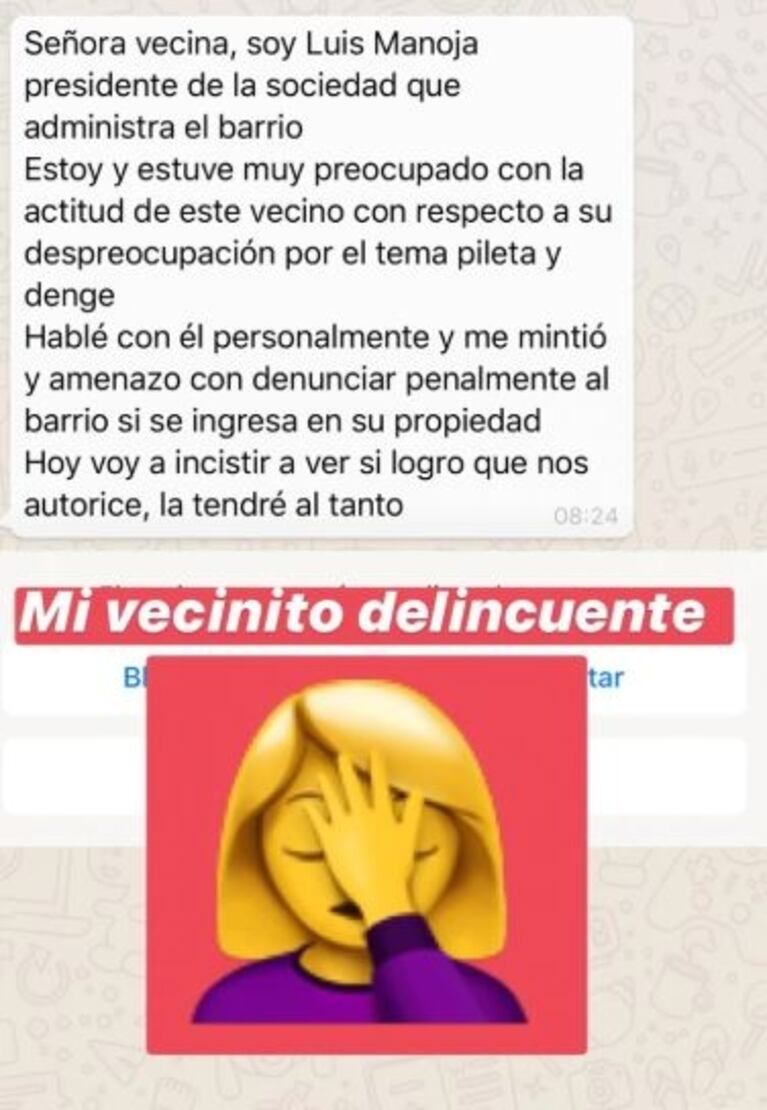 El ataque de furia de Cinthia Fernádez con su vecino por descuidar la pileta en plena alerta de dengue: "¡Forr...!"