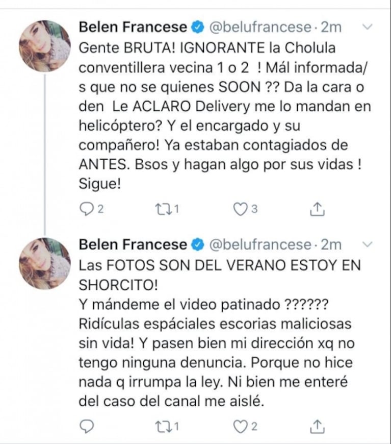 El ataque de furia total de Belén Francese contra la vecina que la escrachó en Twitter: "¡Bruta y conventillera!"