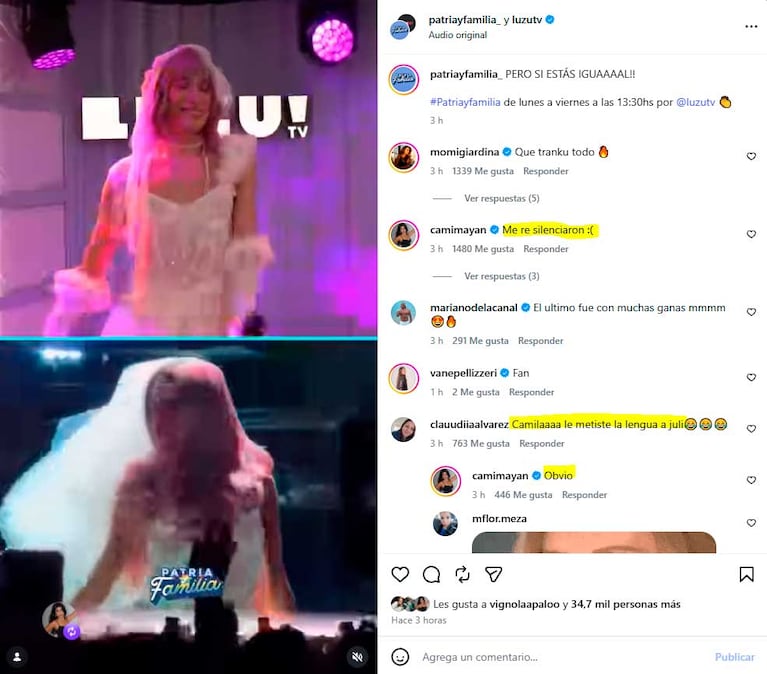 El beso de Camila Mayan y Juli Castro que hizo recordar al de Lali, Tini y Marilina (Foto: captura Instagram @luzutv)